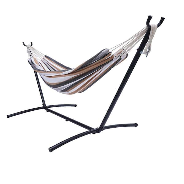 DIRECT WICKER Belle 9.3 ft. Double Classic Outdoor Cotton Fabric Hammock Chair Hammock with Stand for 2-Person in Enthusiasm Desert