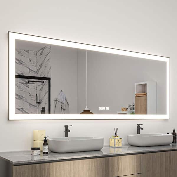 84 in. W x 32 in. H Rectangular Framed Anti-Fog LED Wall Bathroom Vanity Mirror in Black with Backlit and Front Light