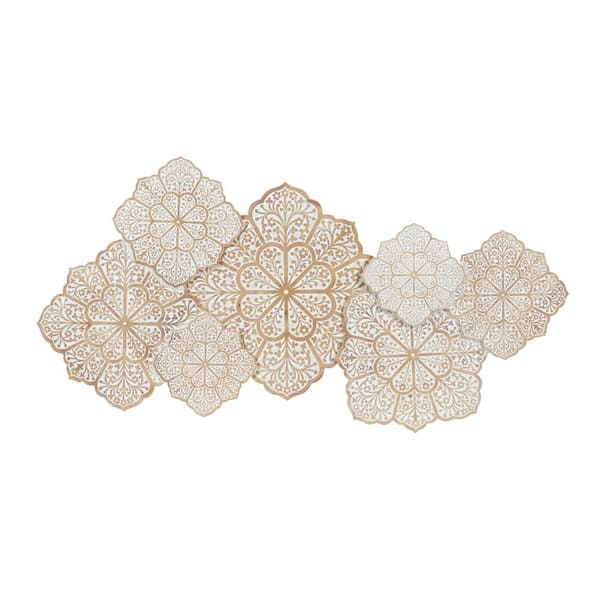 53 in. x 26 in. Wood White Intricately Carved Floral Wall Decor