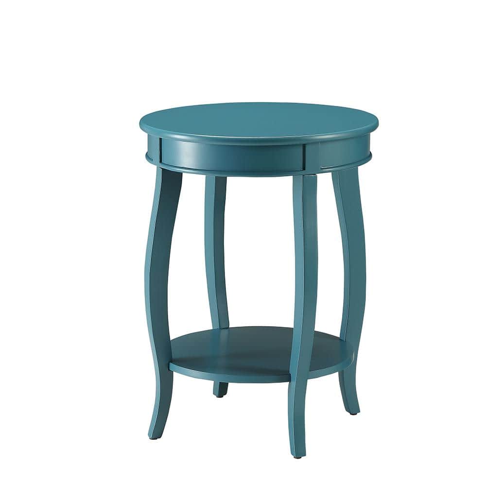 Teal Round Wooden Aberta Side Table with Stylized Legs and Shelf