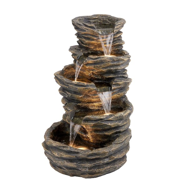 39" Tall Outdoor 5 Tiered Natural Look Rock Water Floor Fountain with Replaceable Lights, Brown
