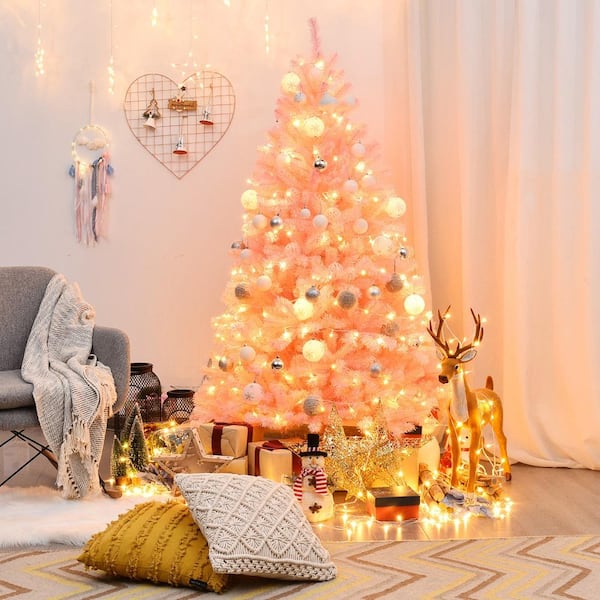 6 ft. Pink Artificial Christmas Tree Hinged Spruce Full Tree with Metal Stand