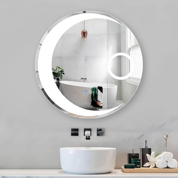 UPIKER Decor 24 in. W x 24 in. H Small Round Frameless Memory LED Wall-Mounted Bathroom Vanity Mirror in Silver Mirror