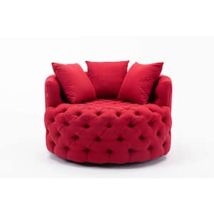 Red Swivel Linen Fabric Upholstered Barrel Living Room Chair with Tufted Cushions