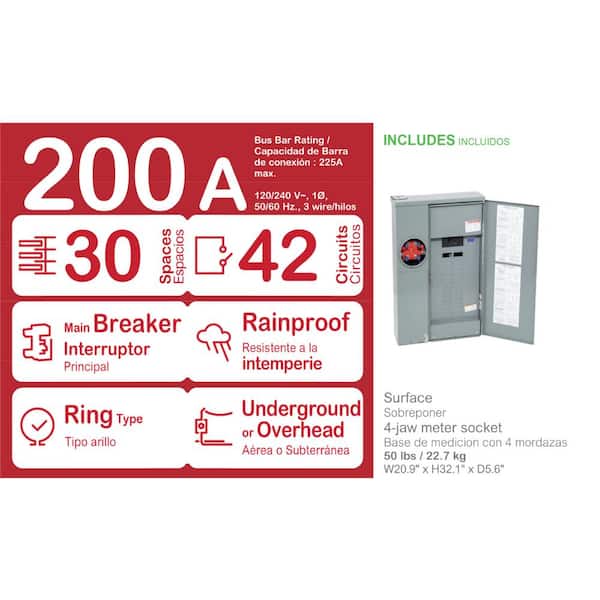 Homeline 200 Amp 30-Space 42-Circuit Outdoor Ring-Type Surface Mount Solar-Ready Main Breaker Plug-On Neutral CSED