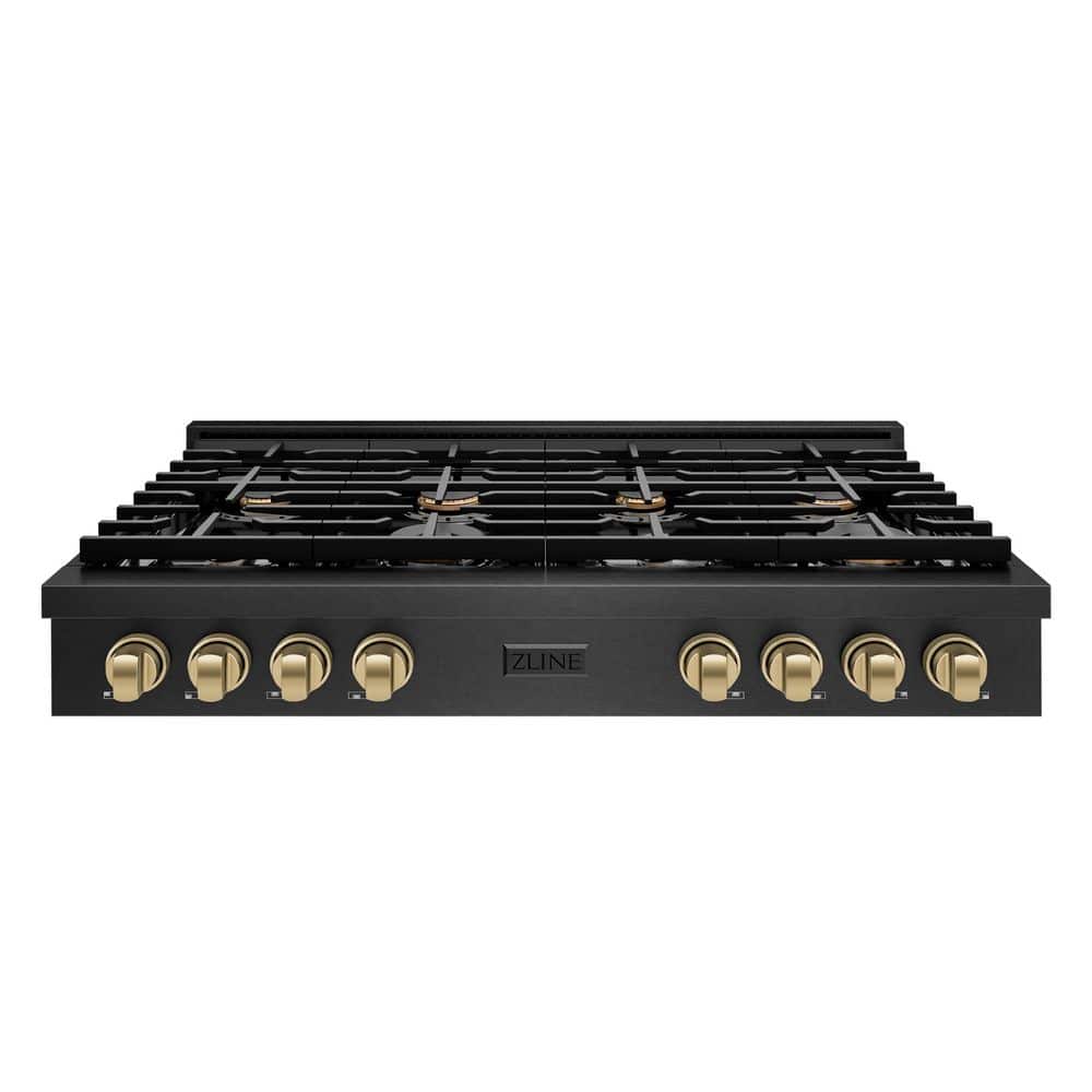 Autograph 48 in. Paramount Gas Rangetop with 8 Burners and Porcelain Cooktop in Black Satin with Champagne Accents