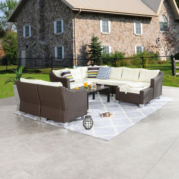 Patio Festival 10-Piece Wicker Patio Conversation Set with Beige Cushions