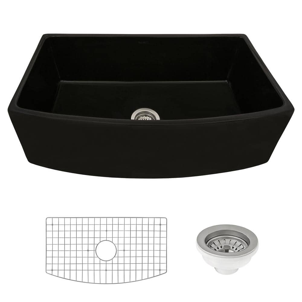 Matte Black Fireclay Farmhouse Kitchen Sink with Curved Apron