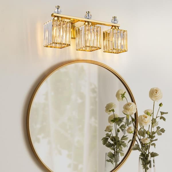 Home Lighting 18.89 in. 3-Light Gold Square Modern Crystal Vanity Light Fixtures Over Mirror For Bathroom (JW-290)