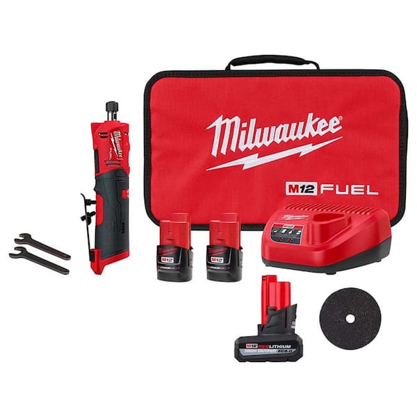 Milwaukee M12 FUEL 12-Volt Lithium-Ion Cordless 1/4 in. Straight Die Grinder Kit w/5.0 HO Battery & Metal Cut Off Wheels (5-Pack)