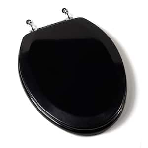 Deluxe Molded Wood Elongated Closed Front Toilet Seat with Cover and Chrome Hinge in Black