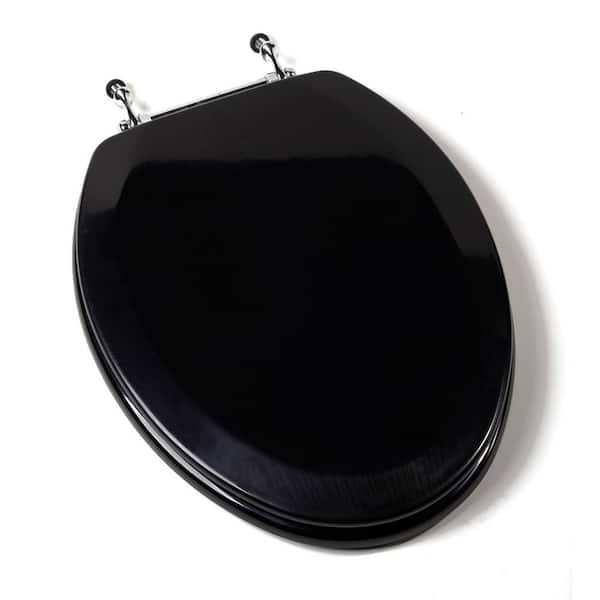 JONES STEPHENS Deluxe Molded Wood Elongated Closed Front Toilet Seat with Cover and Chrome Hinge in Black