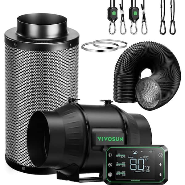 AeroZesh T6 6 in. Inline Duct Fan Kit with GrowHub E42A Controller, 6 in. Black Carbon Filter and 8 ft. Ducting