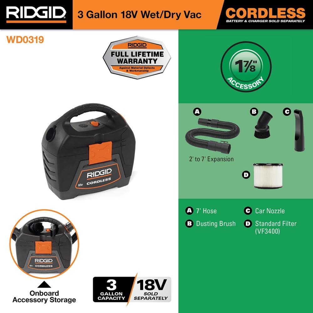 Ridgid 18V Cordless 3-Gallon Wet/Dry Handheld Vacuum Cleaner
