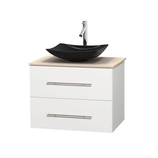 Wyndham Collection Centra 30 in. Vanity in White with Marble Vanity Top in Ivory and Black Granite Sink