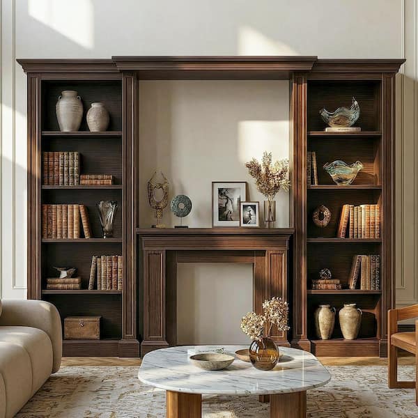 78.7 in. Tall Dark Brown Wood 10-Shelf Accent Bookcase with TV Console, Display Storage, Accent Shelves for Living Room