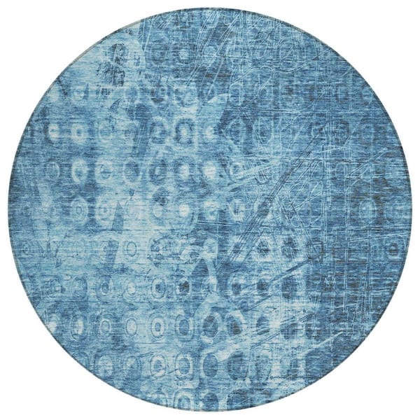 Blue 8 Round ft. Woven Ikat Polyester Round Indoor / Outdoor Area Rug