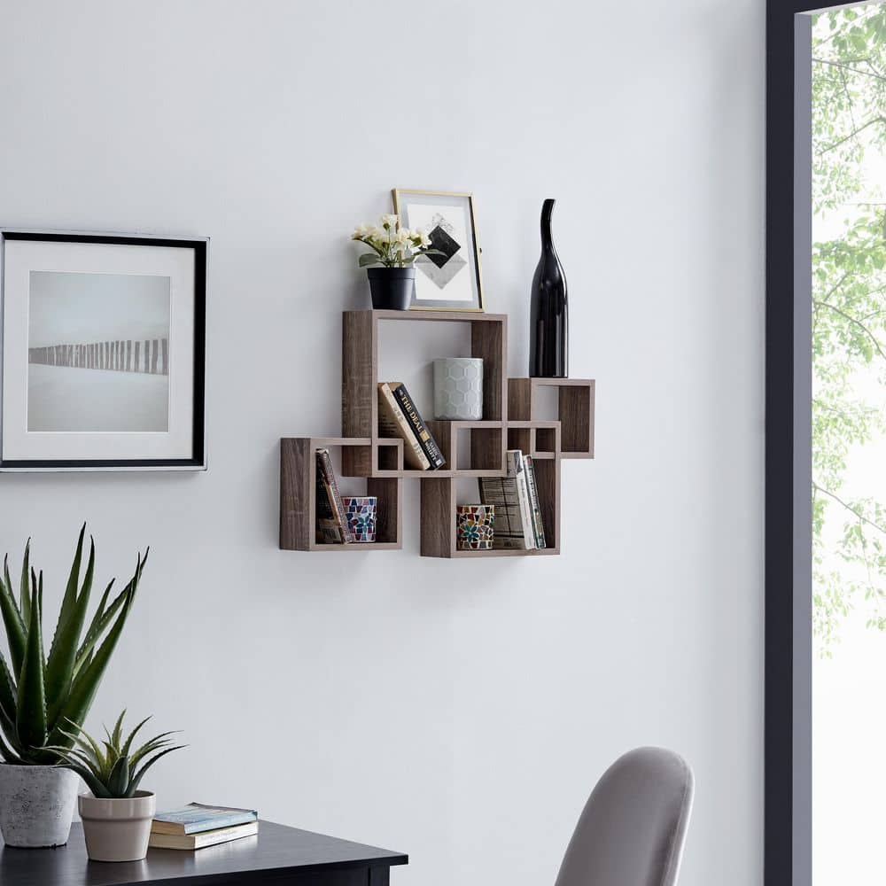 Weathered Oak 14" Intersecting Cube Floating Wall Shelf