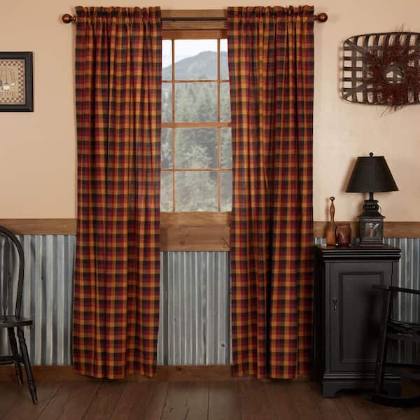 Heritage Farms 40 in W x 84 in L Primitive Check Light Filtering Rod Pocket Window Panel Burgundy Mustard Black Pair