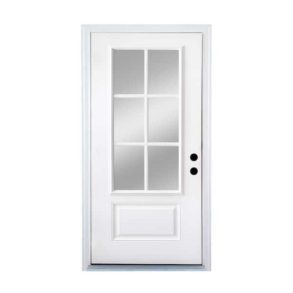 36 in. x 80 in. 1 Panel Left-Hand 6 Lite Clear Glass White Primed Fiberglass Prehung Front Door with Threshold, Hinge