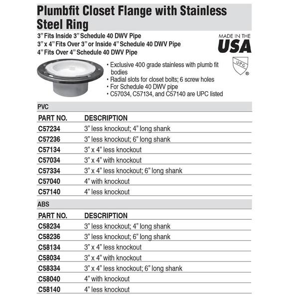 JONES STEPHENS - 7 in. O.D. Plumbfit PVC Closet (Toilet) Flange with Stainless Steel Ring, Fits Over 3 in. or Inside 4 in. Sch. 40 Pipe