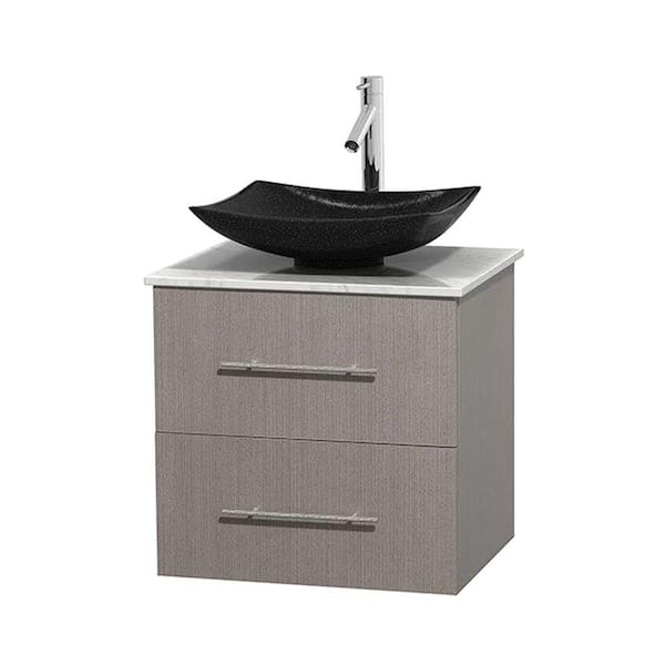 Wyndham Collection Centra 24 in. Vanity in Gray Oak with Marble Vanity Top in Carrara White and Black Granite Sink