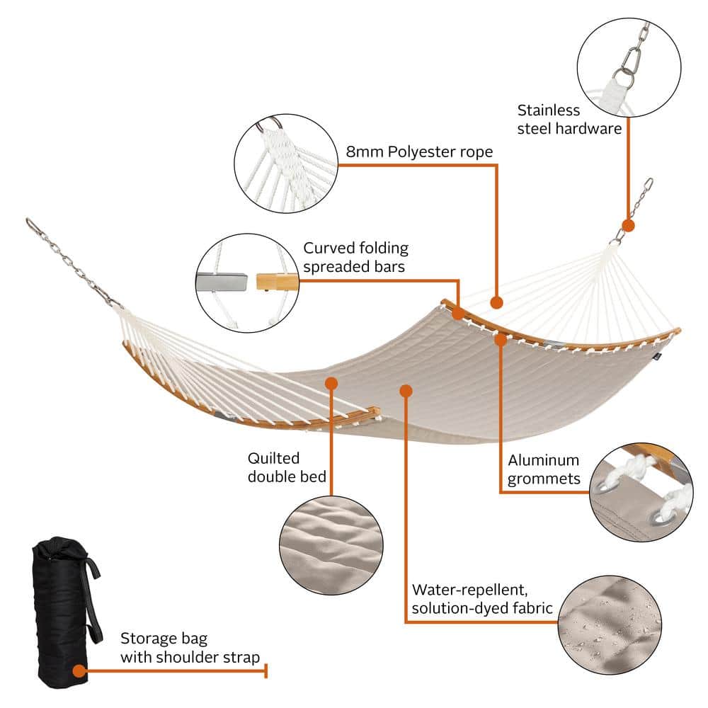 Tan Quilted Double Hammock with Bamboo Spreader Bars
