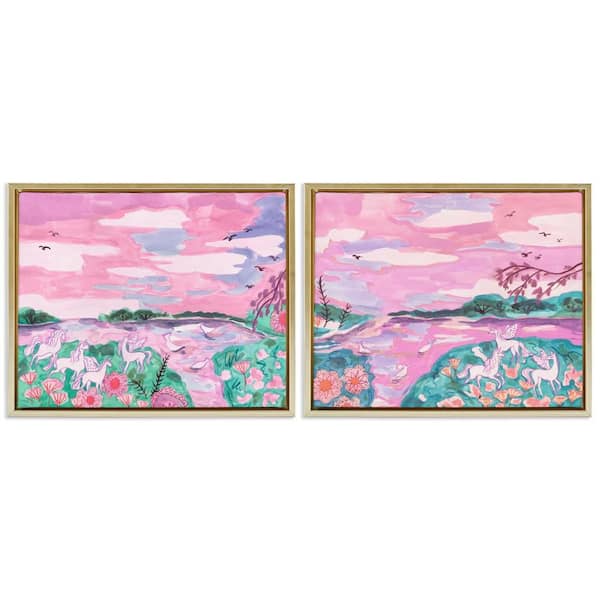 Stupell Industries Unicorn Nature Whimsy by Melissa Wang 2-Pieces Gold Floater Frame Fantasy Graphic Art Print 17 in. x 21 in.