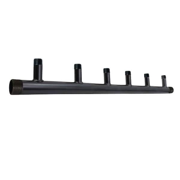 Black Steel Manifold for Boiler Room Heating System, 1-1/2 in. Main Pipe with 6-Branches of 3/4 in. 7 in. Spacing