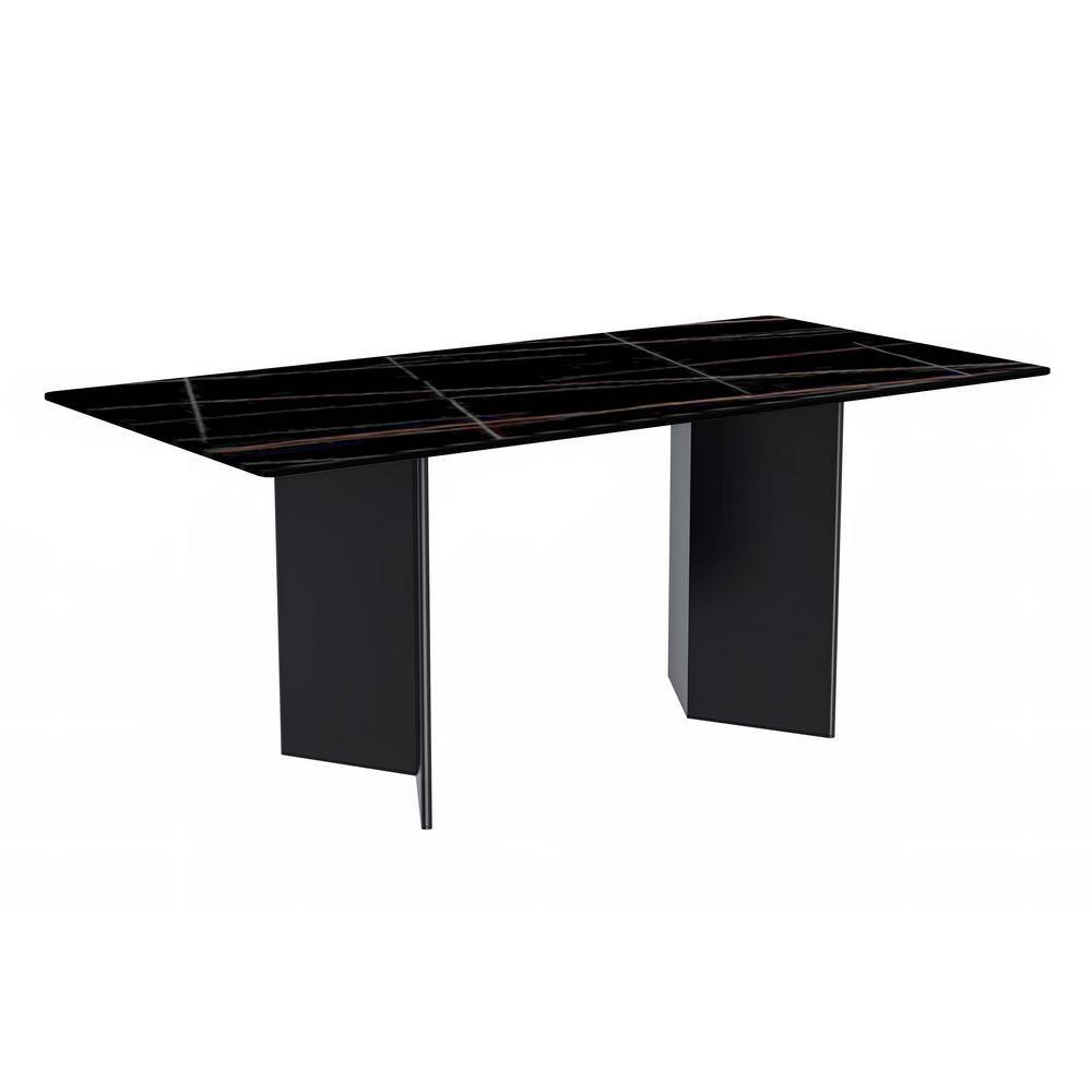 Rectangular Black Glass Dining Table with Stainless Steel Base