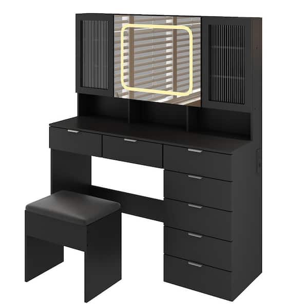 2-Piece Black Makeup Vanity Set with Mirror Cabinet