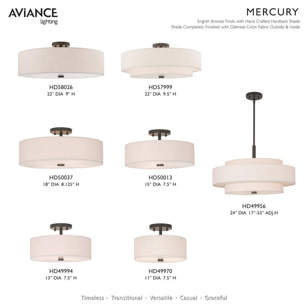 Meridian English Bronze 13" Drum Semi-Flush Mount with Oatmeal Fabric Shade