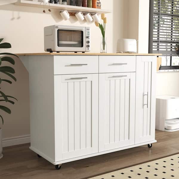 56 in. White MDF Kitchen Cart with Drop Leaf