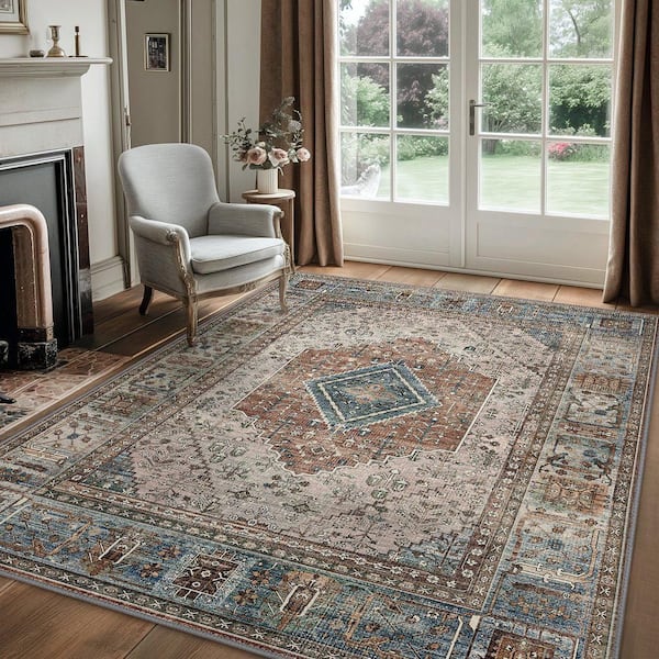 Naiad Machine Washable Blue/Gray 6 ft. x 9 ft. Geometric Border Indoor Area Rug