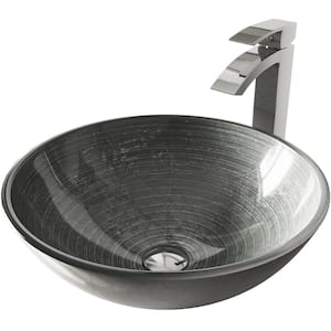 Glass Round Vessel Bathroom Sink in Silver with Duris Faucet and Pop-Up Drain in Chrome