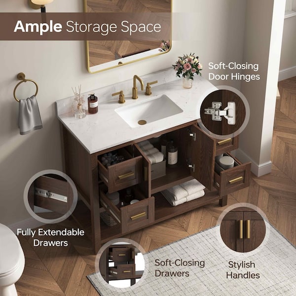 Sonia 43 in. Single Sink Freestanding Walnut Bath Vanity with White Engineered Stone Top and Backsplash Assembled