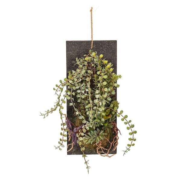 Vickerman 25 in. Green Artificial Mixed Leaf Plants on Wooden Plaque