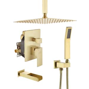 Single-Handle 1-Spray Patterns 12 in. Ceiling Mount Tub and Shower Faucet in Brushed Gold (Valve Included)