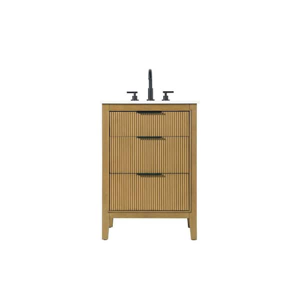 24 in. Single Sink Freestanding Honey Teak Bath Vanity with Marble White Engineered Marble Top