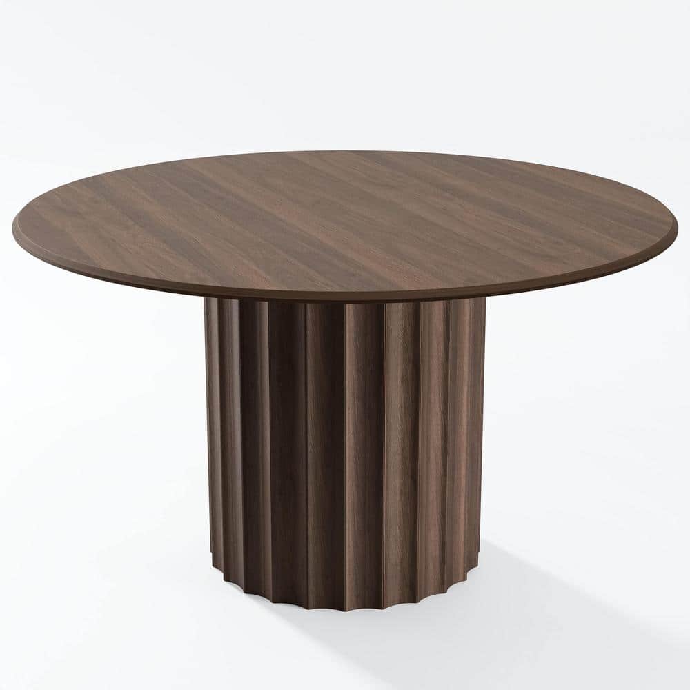 52 in. Wood Walnut Color Column Pedestal Round Kitchen Table Dining Table Seats 4