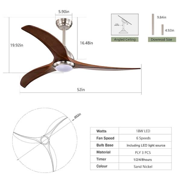52 in. Indoor Walnut Solid Wood Blades Ceiling Fan with Light with Remote Control for Patio Living Room, Bedroom
