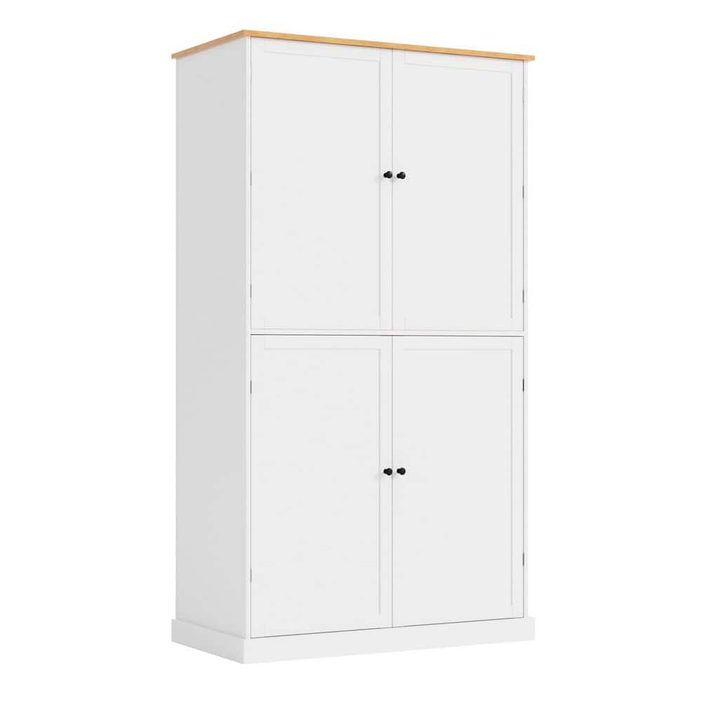 White cabinet with two doors and a wood top trim.
