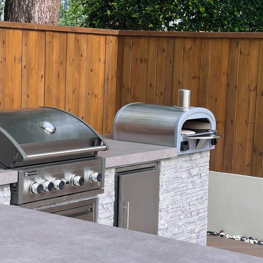 96 Inch Gray Stone Stainless Steel Propane Grill Island with Rotisserie