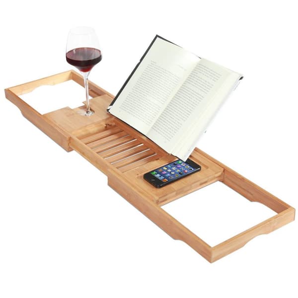 Engraved Bamboo Bath Caddy with Wine Glass Holder