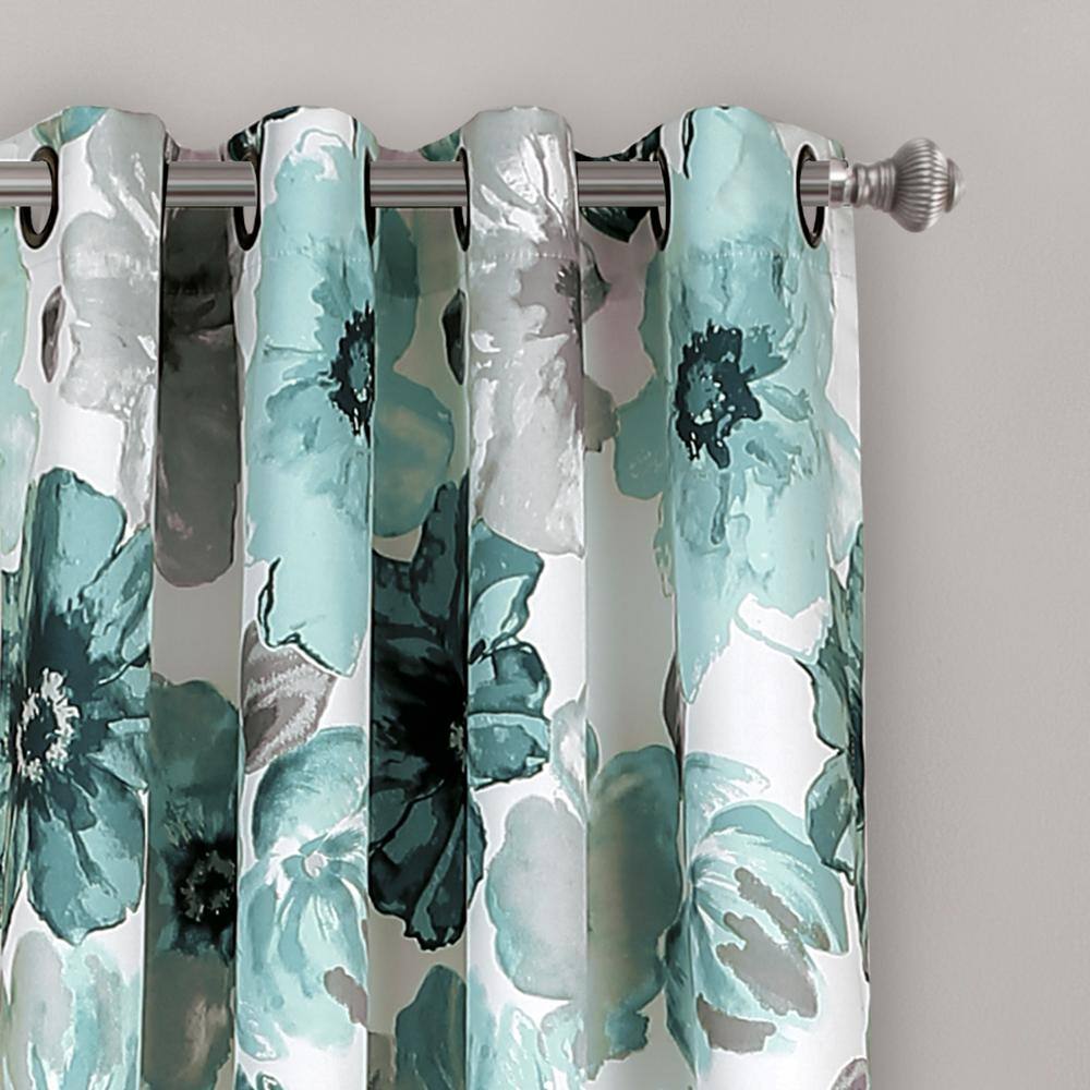 Blue Floral Polyester Room Darkening Window Curtain Panels, 52"W x 84"L
