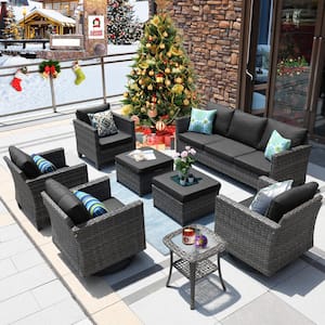 Megon Holly Gray 8-Piece Wicker Patio Conversation Seating Sofa Set with Black Cushions and Swivel Rocking Chairs