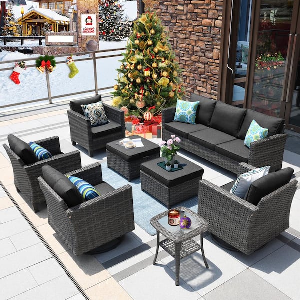 XIZZI Megon Holly Gray 8-Piece Wicker Patio Conversation Seating Sofa Set with Black Cushions and Swivel Rocking Chairs