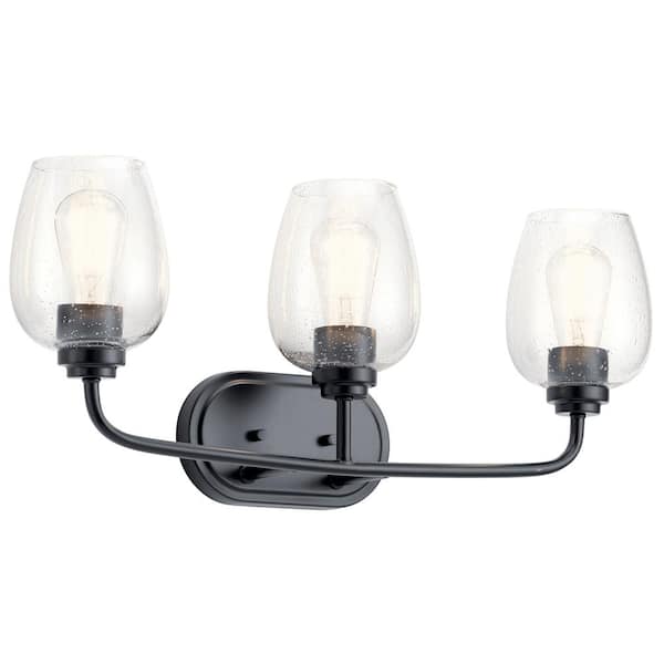 KICHLER Valserrano 24 in. 3-Light Black Traditional Bathroom Vanity Light with Clear Seeded Glass Shade