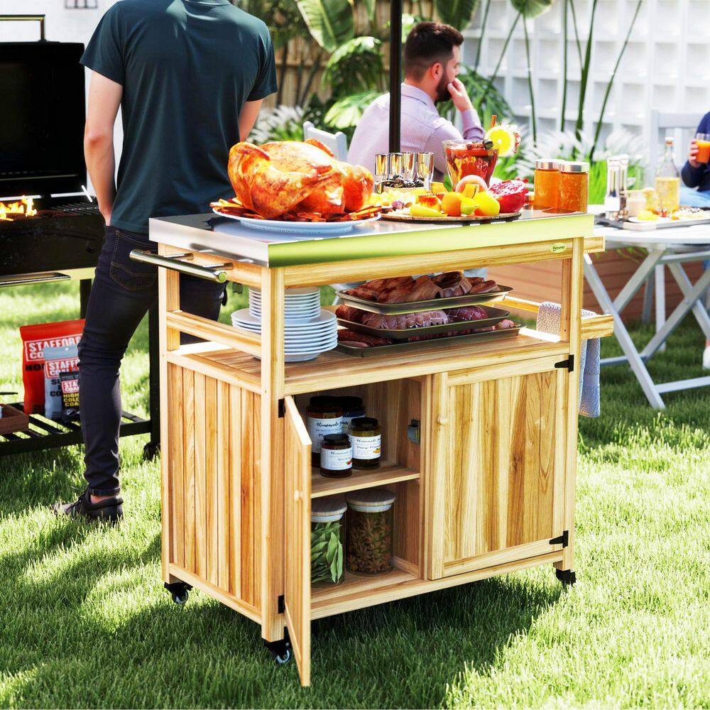 Natural Wood Outdoor Grill Cart with Stainless Steel Top and Storage