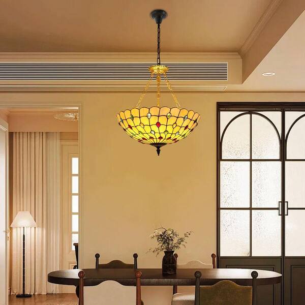 OUKANING 20.5 in. 5-Light Retro Stained Glass Shade Semi-Flush